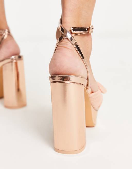 Glamorous platform heel sandals with bow in rose gold