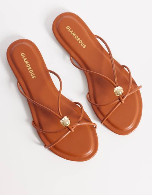 Glamorous - Platte sandalen met goudkleurig detail in bruin, 2 van 4
