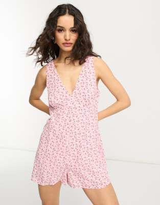 Glamorous - Playsuit mit V-Ausschnitt in Rosa mit Frühlingsblumenmuster im Stil der 90er