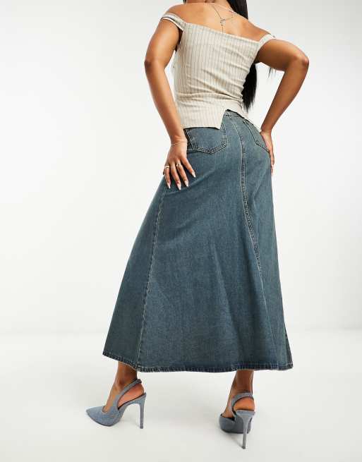 Glamorous pleated a line midi skirt in vintage wash denim ASOS