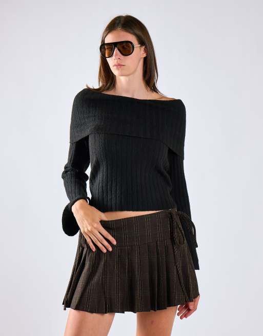Glamorous Pleated tie mini skirt in dark brown check, 3 of 4
