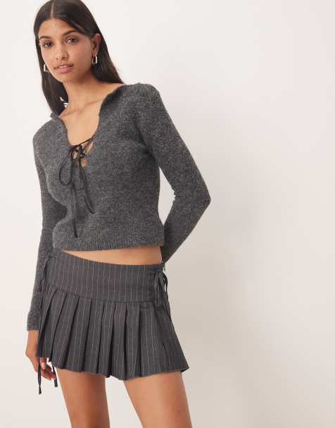 Glamorous Pleated Tie Side Mini Skirt in charcoal pinstripe