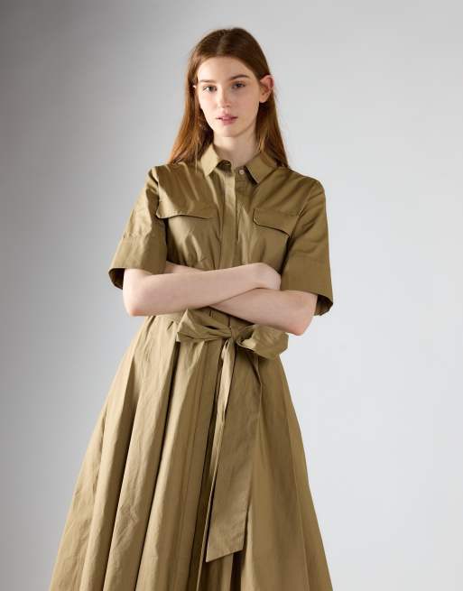 Glamorous Pleated tie waist maxi dress in khaki, 3 of 4