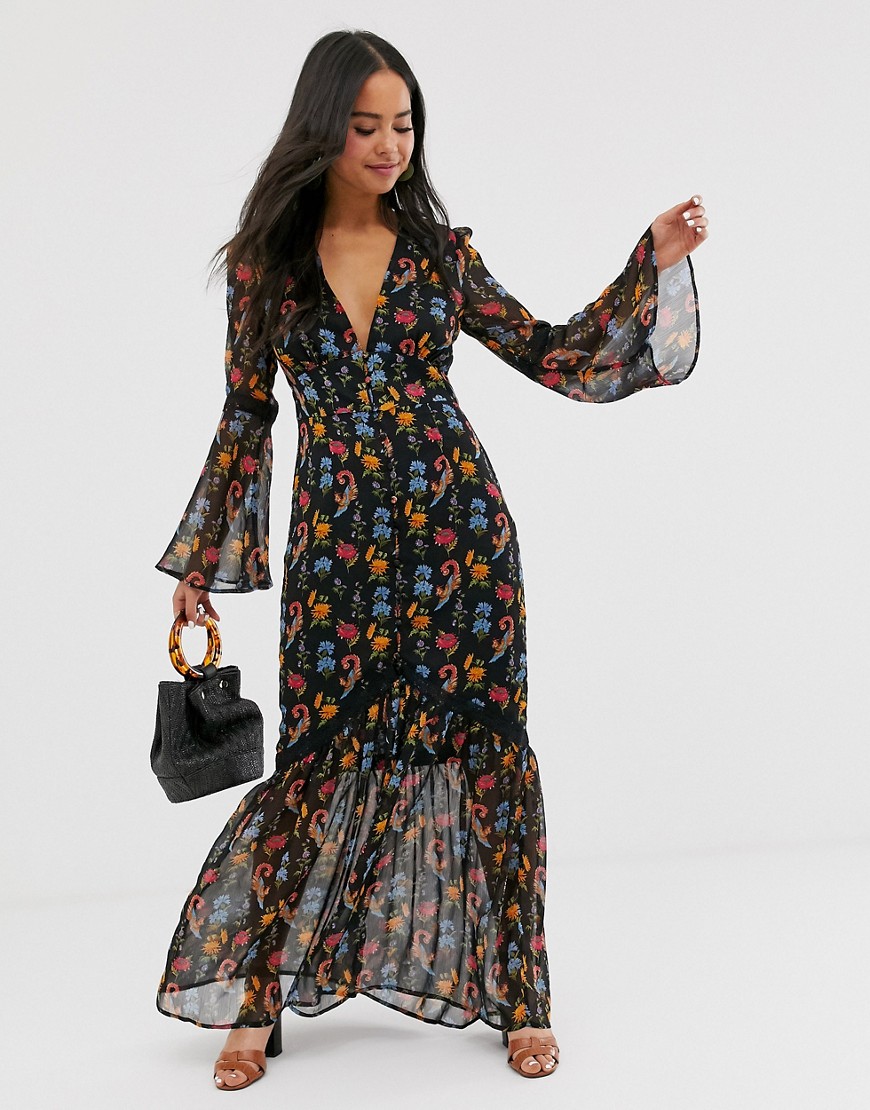 Glamorous Plunge Front Maxi Dress In Wild Floral-black