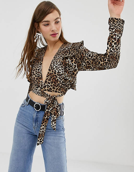 Glamorous plunge front top with flutter sleeve in leopard