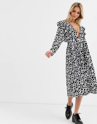 white leopard print midi dress