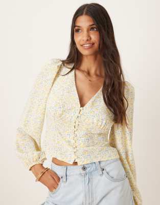 Glamorous Plunging V-Neck & Puff Long Sleeves Blouse in yellow vintage ditsy - view 1