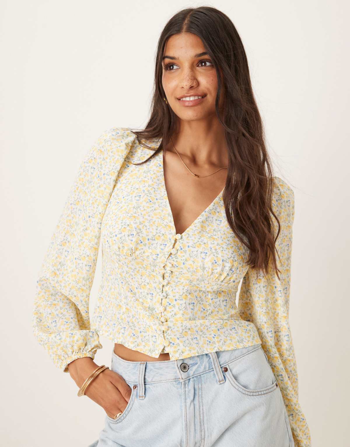 Glamorous Plunging V-Neck & Puff Long Sleeves Blouse in yellow vintage ditsy