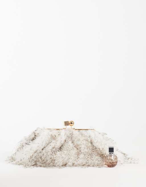 Glamorous - Pochette bianco sporco con chiusura a scatto e piume sintetiche, 2 di 4