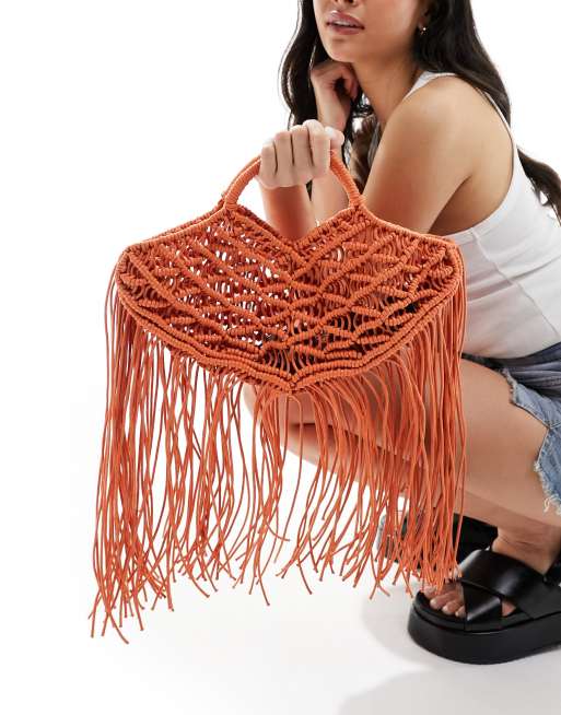 Glamorous - Pochette in macramè arancione con frange