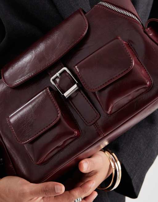Glamorous pocket detail shoulder bag in burgundy, 3 of 4