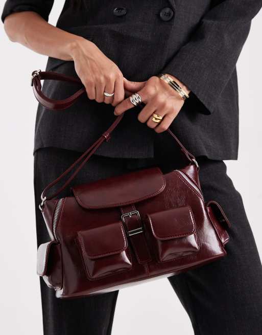 Glamorous pocket detail shoulder bag in burgundy, 4 of 4