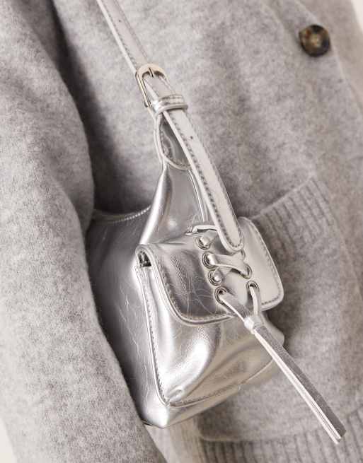 Glamorous pocket detail shoulder bag in metallic silver, 2 of 3