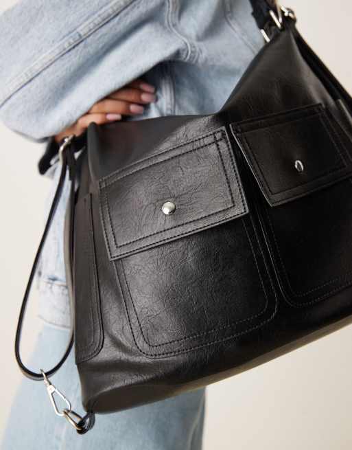 Glamorous pocket detail slouch shoulder tote bag in black, 3 of 4