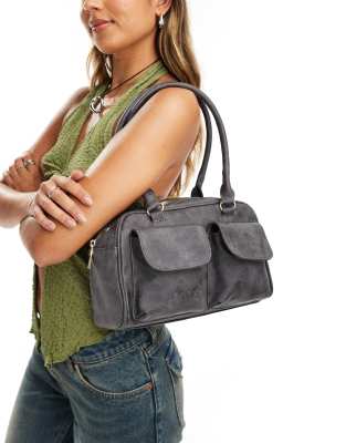 pocket detail top handle bag in washed gray-Brown