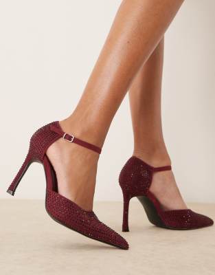 Glamorous pointed high heeled court shoes in berry embellished