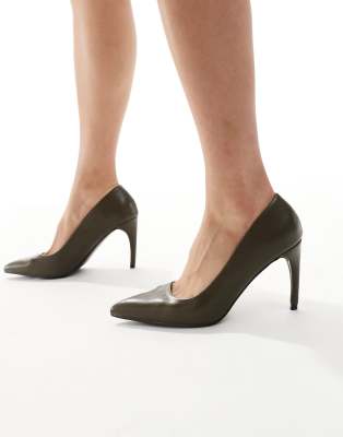  pointed high heeled court shoes in olive
