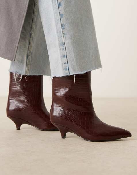Glamorous pointed kitten heel mid ankle boots in burgundy croc - view 1