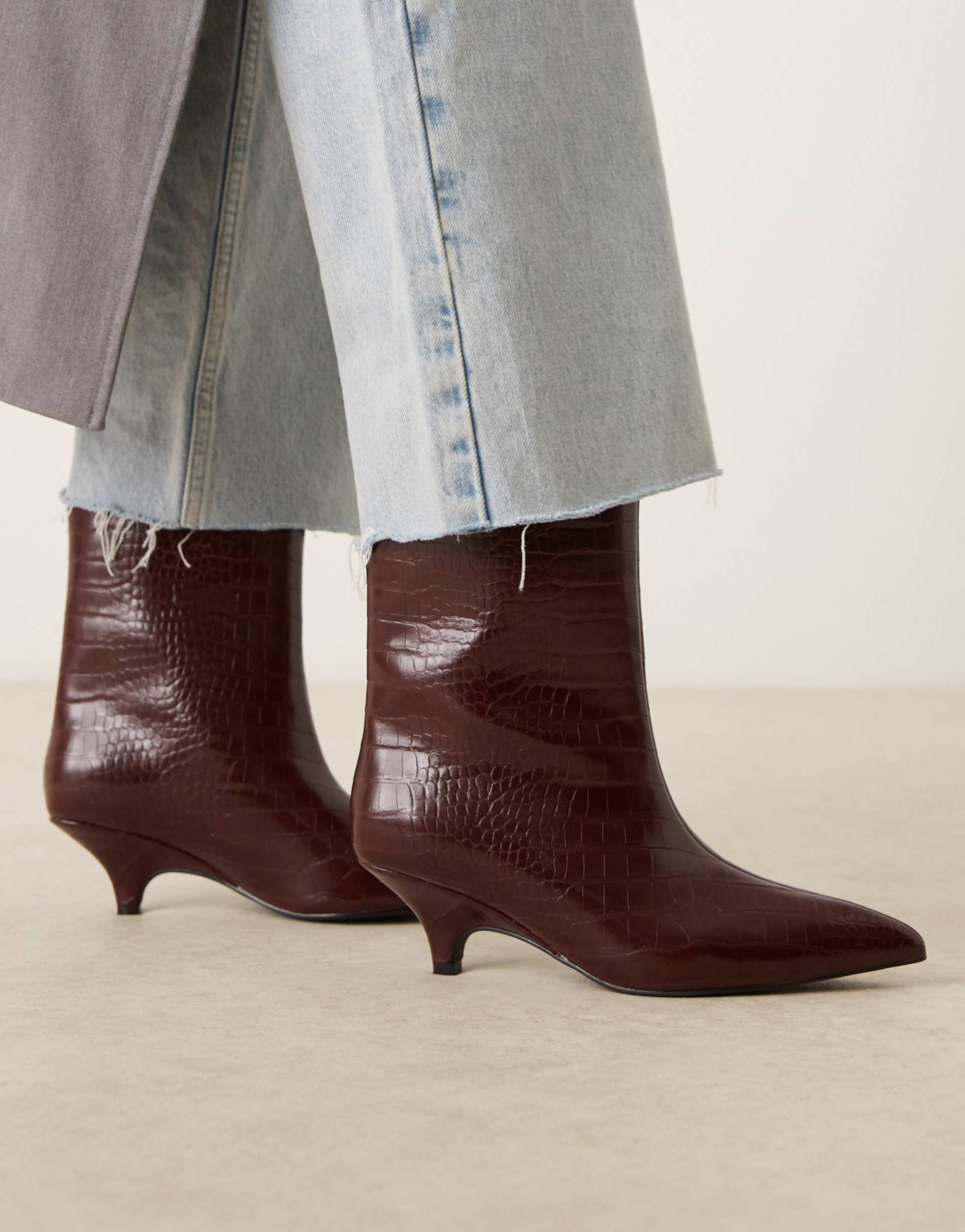 glamorous pointed kitten heel mid ankle boots in burgundy croc