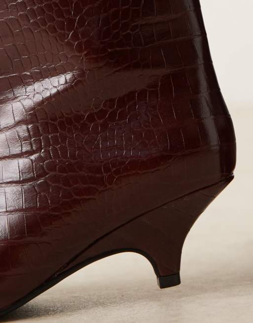 Glamorous pointed kitten heel mid ankle boots in burgundy croc