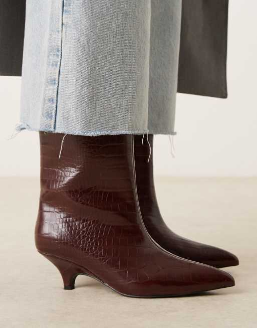 Glamorous pointed kitten heel mid ankle boots in burgundy croc