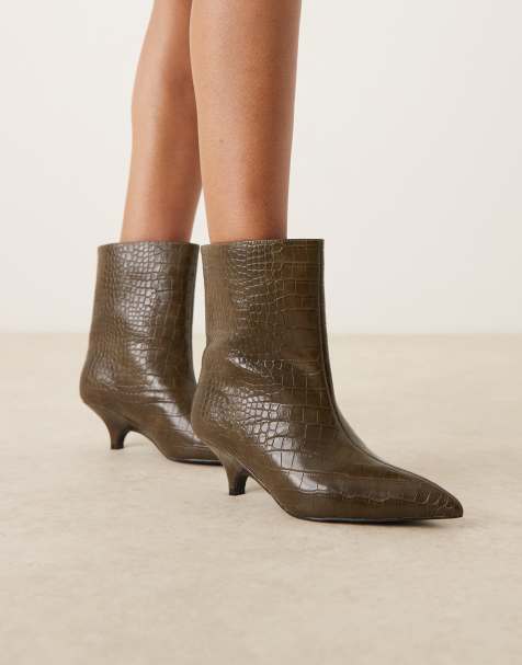 Glamorous pointed kitten heel mid ankle boots in olive croc - view 1