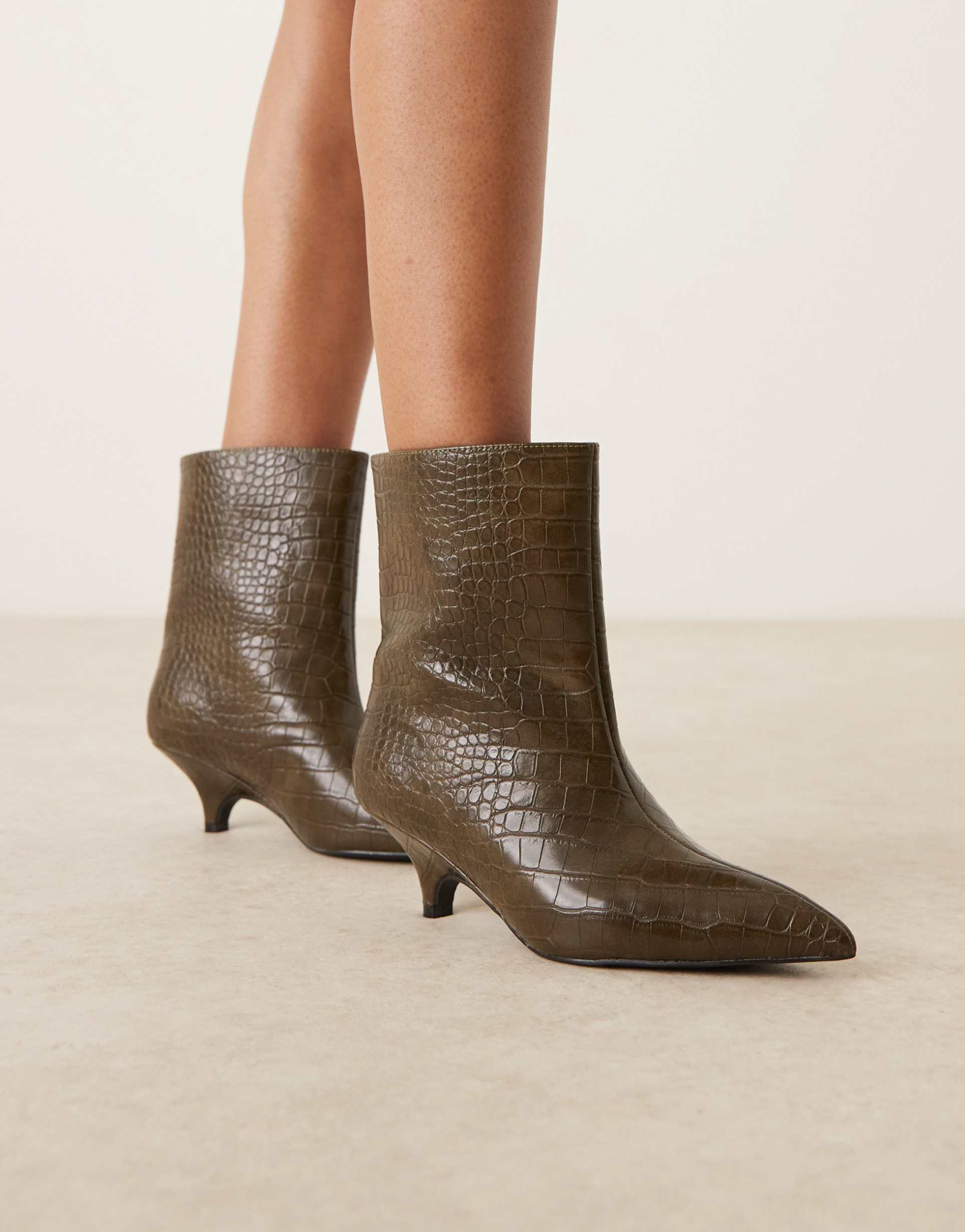 glamorous pointed kitten heel mid ankle boots in olive croc