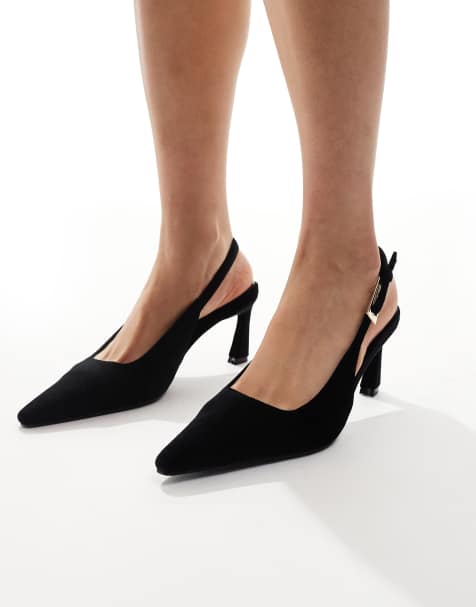 Glamorous pointed slingback heeled court shoes in black velvet - view 1