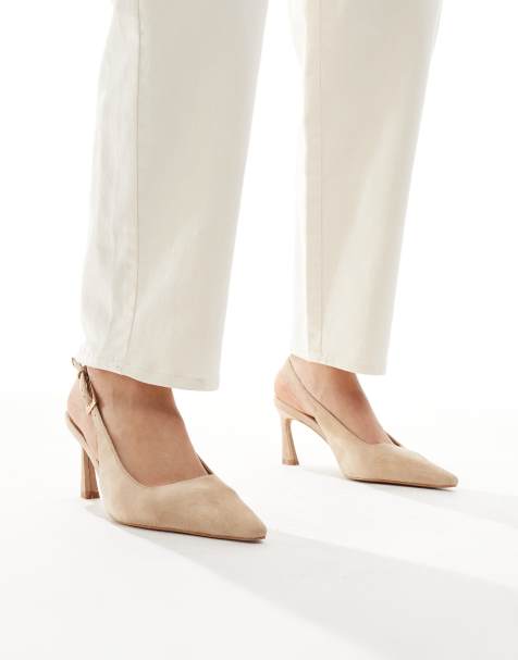 Glamorous pointed slingback heeled court shoes in cream micro - view 1