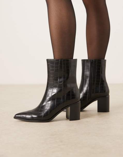 Glamorous pointed toe ankle boots in black croc - view 1