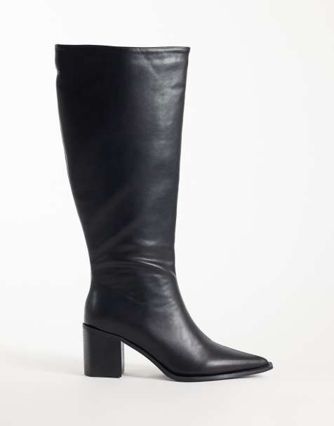 Glamorous pointed toe block heeled knee boots in black - view 1