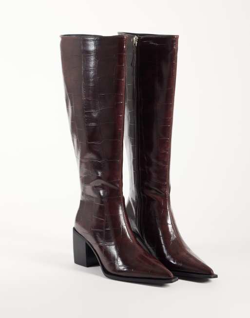 Glamorous pointed toe block heeled knee boots in burgundy croc, 2 of 4