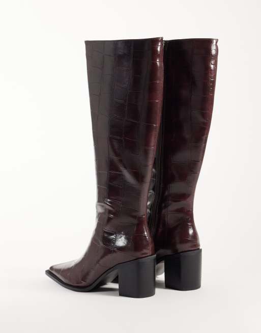 Glamorous pointed toe block heeled knee boots in burgundy croc, 4 of 4