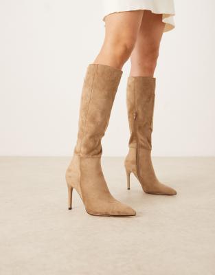 pointed toe heeled knee boots in tan faux suede