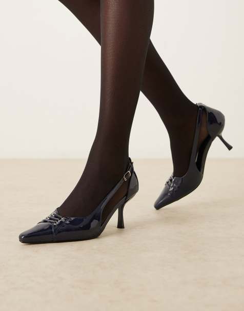 Glamorous pointed toe heeled pumps in navy patent - view 1