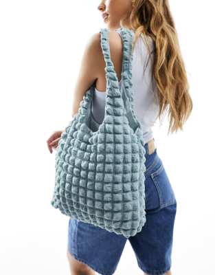 Glamorous Popcorn Texture Shoulder Bag In Pale Blue-gray