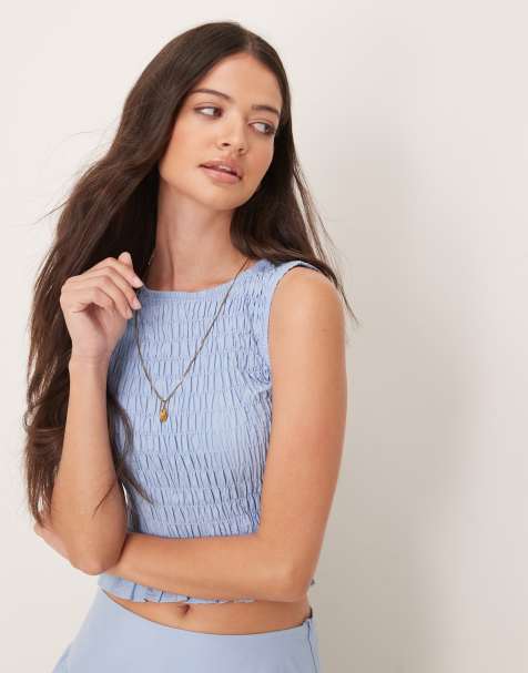 Glamorous poplin high neck top in blue - view 1