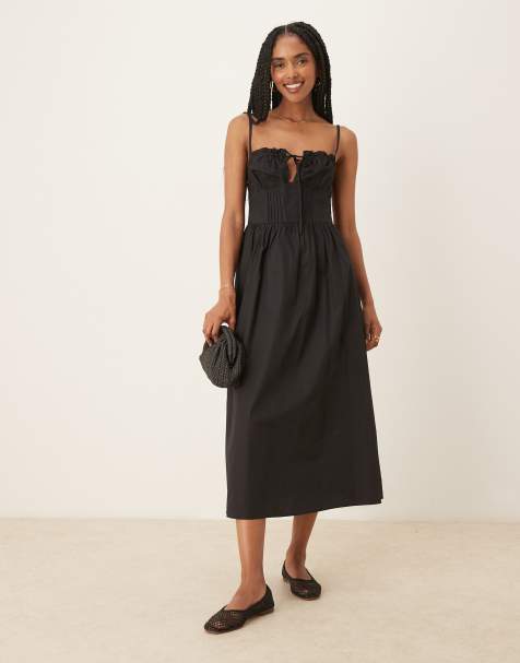 Glamorous poplin midi dress with tie bust in black - view 1