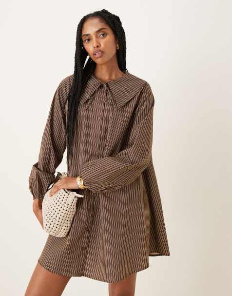 Glamorous poplin mini shirt dress in brown and buttermilk stripes - view 1