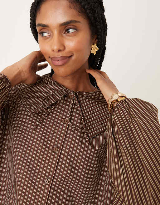 Glamorous poplin mini shirt dress in brown and buttermilk stripes, 3 of 4