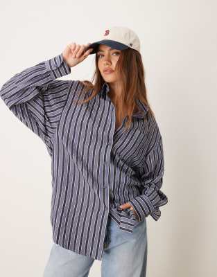 Glamorous Poplin Oversized Boxy Shirt In Blue Gray Stripe-multi