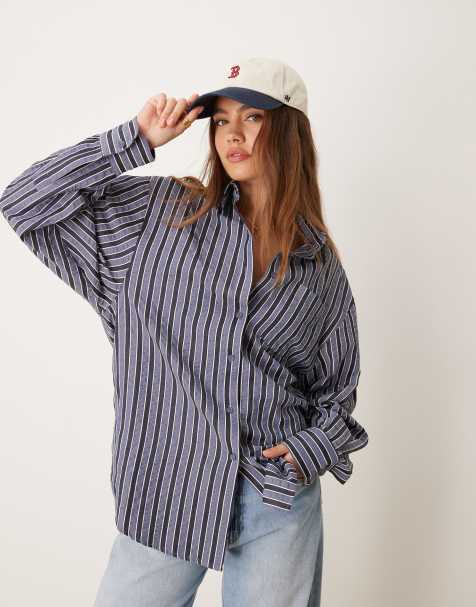 Glamorous poplin oversized boxy shirt in blue gray stripe - view 1
