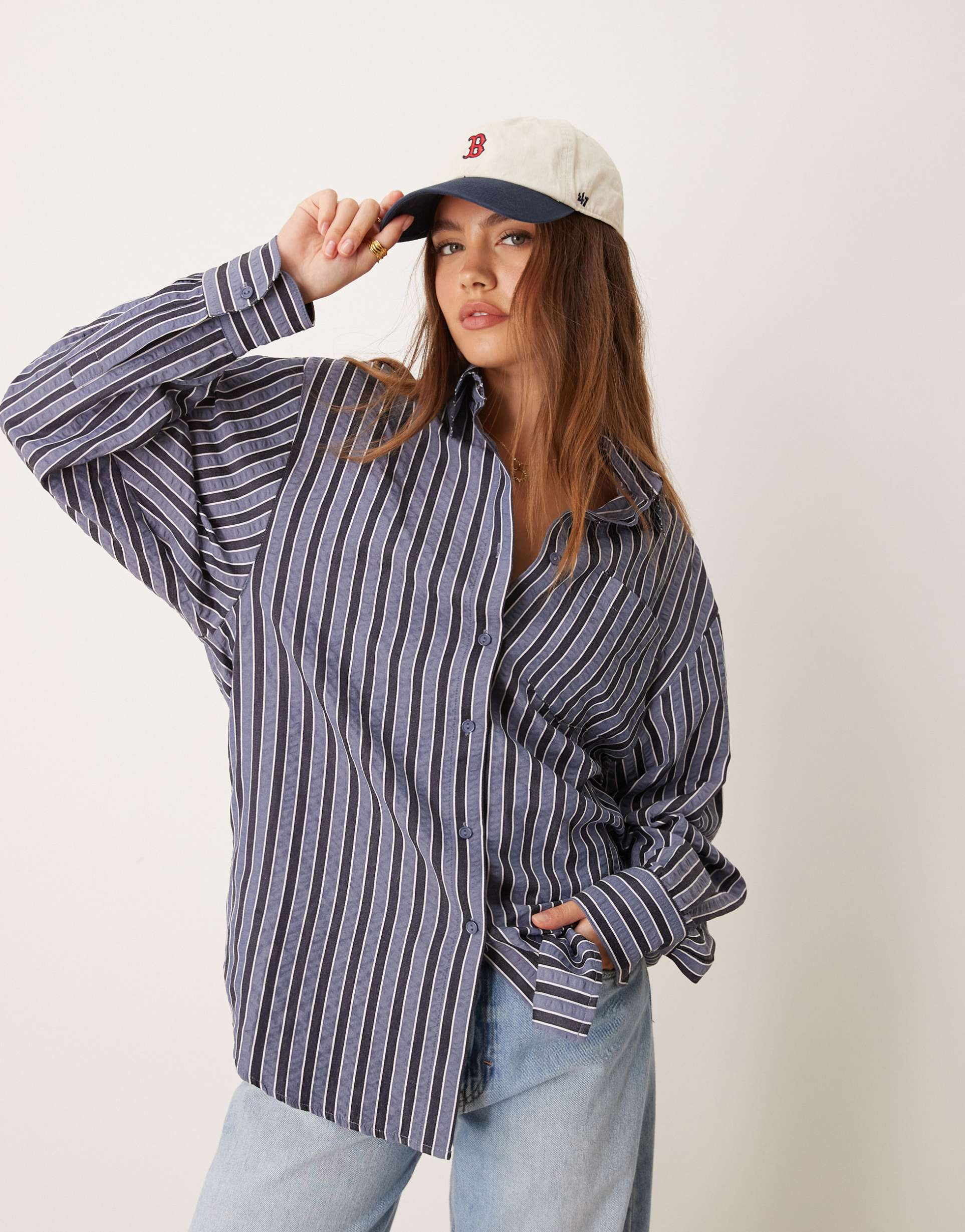 glamorous poplin oversized boxy shirt in blue gray stripe