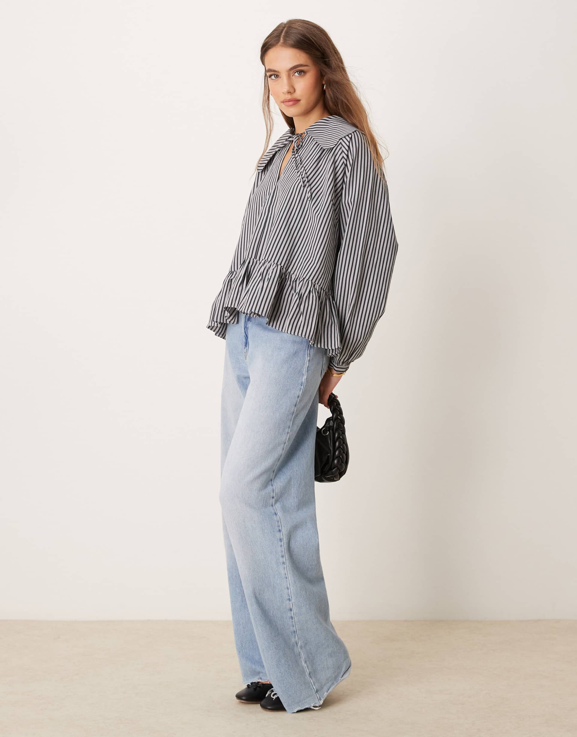 glamorous poplin oversized collared shirt with peplum hem and tie keyhole detail in navy