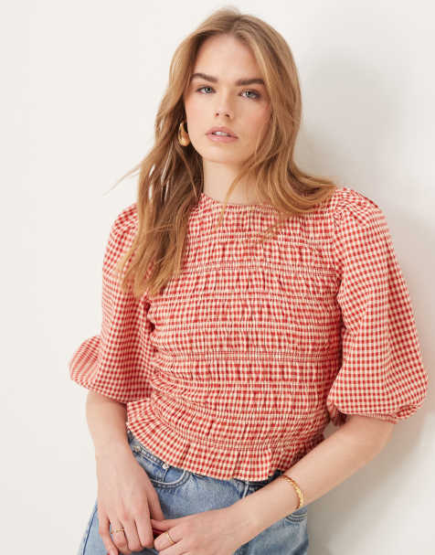 Glamorous poplin shirred blouse in red gingham - view 1