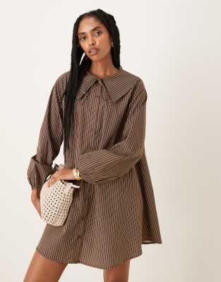 Glamorous Glamorous poplin shirt mini dress In brown and buttermilk stripe-Multi