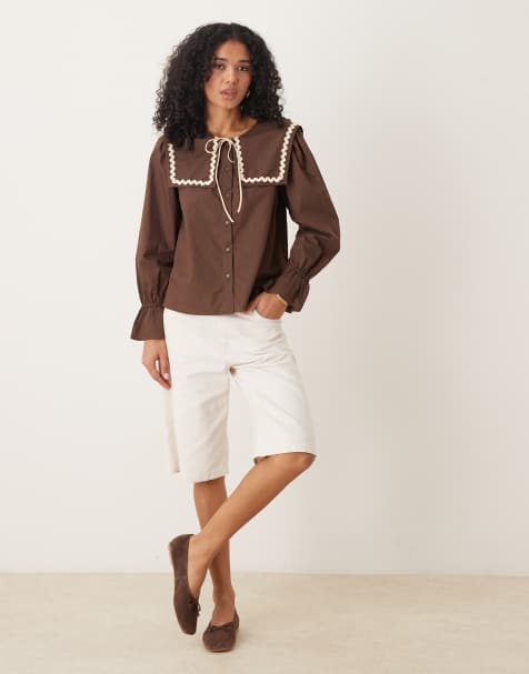 Glamorous poplin shirt with square collar in brown with buttermilk contrast stitching and tie - view 1