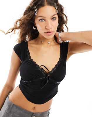 Glamorous prairie top with lace trim in black - ASOS Price Checker