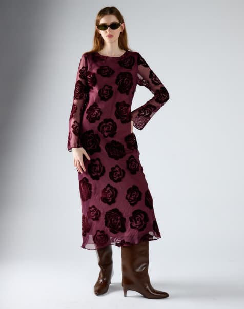 Glamorous Print long sleeve midi dress in burgundy devore - view 1