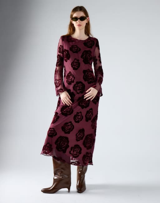 Glamorous Print long sleeve midi dress in burgundy devore, 2 of 4